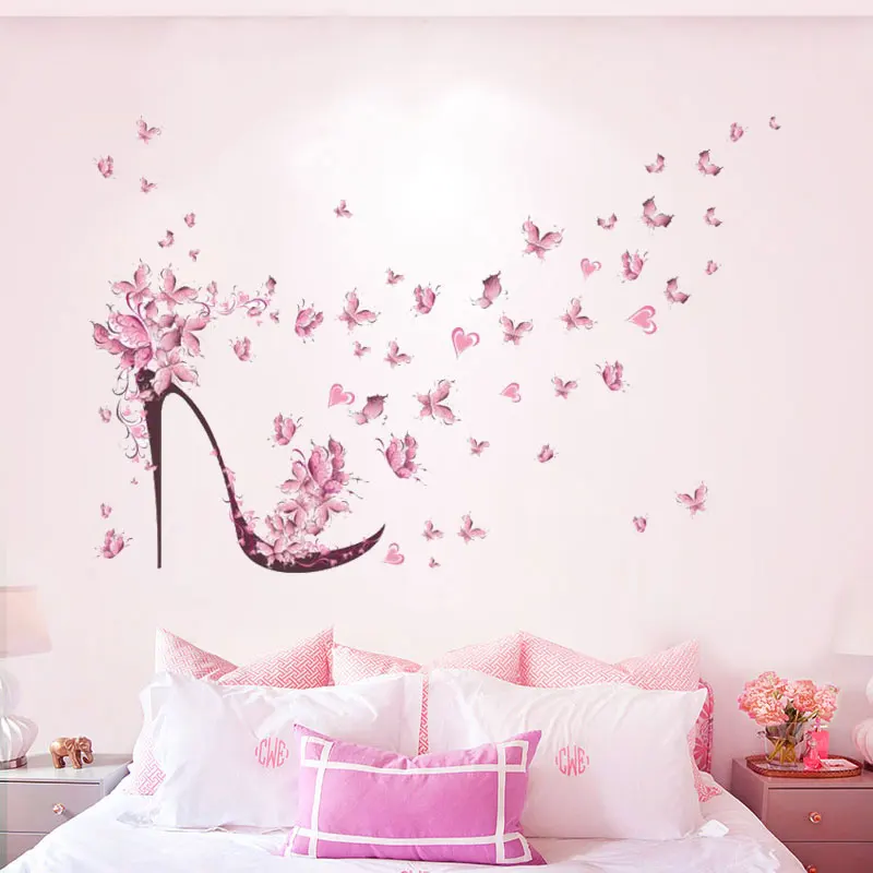 

45*60cm high-heeled Shoes Flying Butterflies Flowers Wall Stickers Bedroom Home Decor Diy Wall Decals Pvc Posters