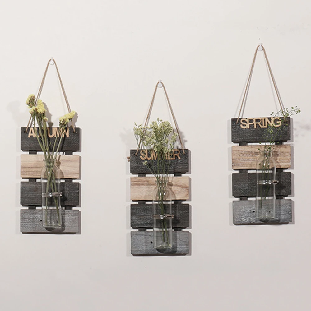 Креативная стеклянная ваза для растений с деревянной основой настенная