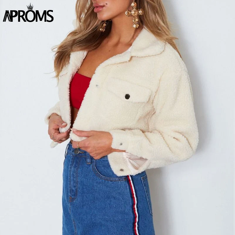 Aproms элегантная однотонная укороченная плюшевая куртка для женщин с передними