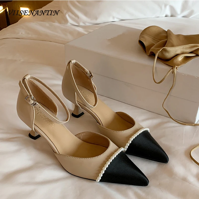 

Сандалии женские на высоком каблуке, заостренный носок, кожа, пряжка, жемчуг, заостренный носок, однотонные, на весну и лето