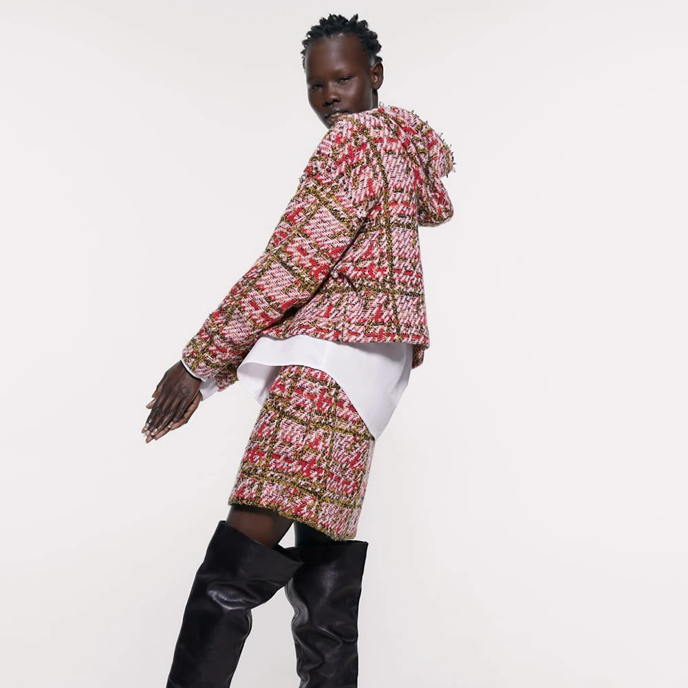 ZA осенне зимний новый комплект с юбкой и свитером вязаный клетчатый свитер