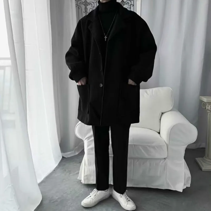 

Wool Blends Men Winter BF Turn-down Collar Single-breasted Woolen Outwear Pockets Solid Harajuku Teens All-match Trendy Casual