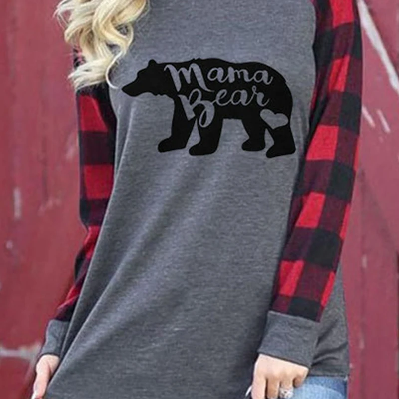 Пэдди дизайн медведя и надписью MAMA с принтом в клетку футболка осень-зима длинным