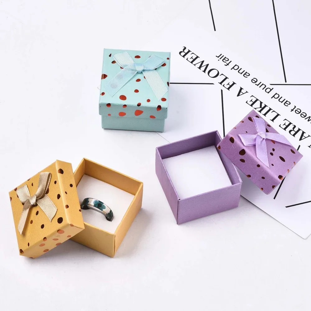 24pcs/lot Mixed Color Square Cardboard Gift Boxes for Jewelry Packaging Necklaces Ring Earring Box with Bowknot Ribbon Sponge