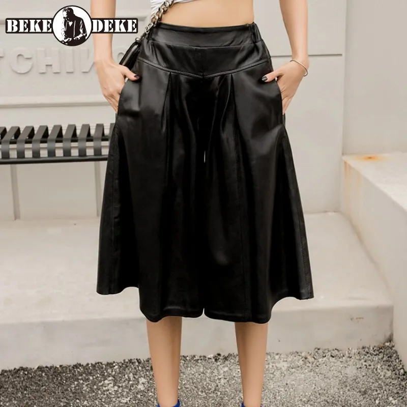 

Streetwear Women Knee Length Sheepskin Wide Leg Pants Elastic Waist Hip Hop Loose Fit Baggy Pants Big Size Genuine Leather Pants