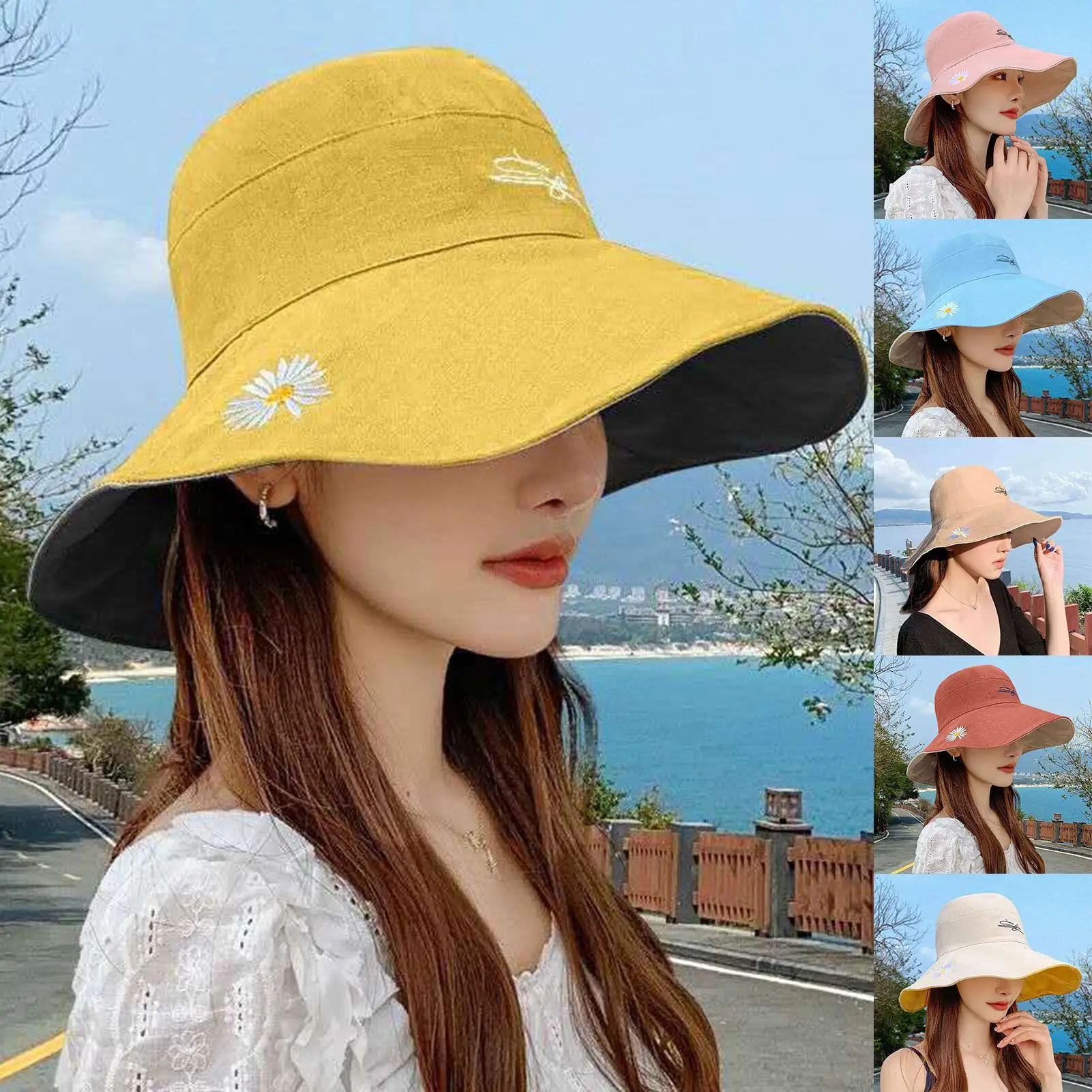 

Women Summer Sun Protection Hat Fisherman Cap Reversible Marguerite Embroidery Black Yellow Pink Blue traveling Beach Wild Hats