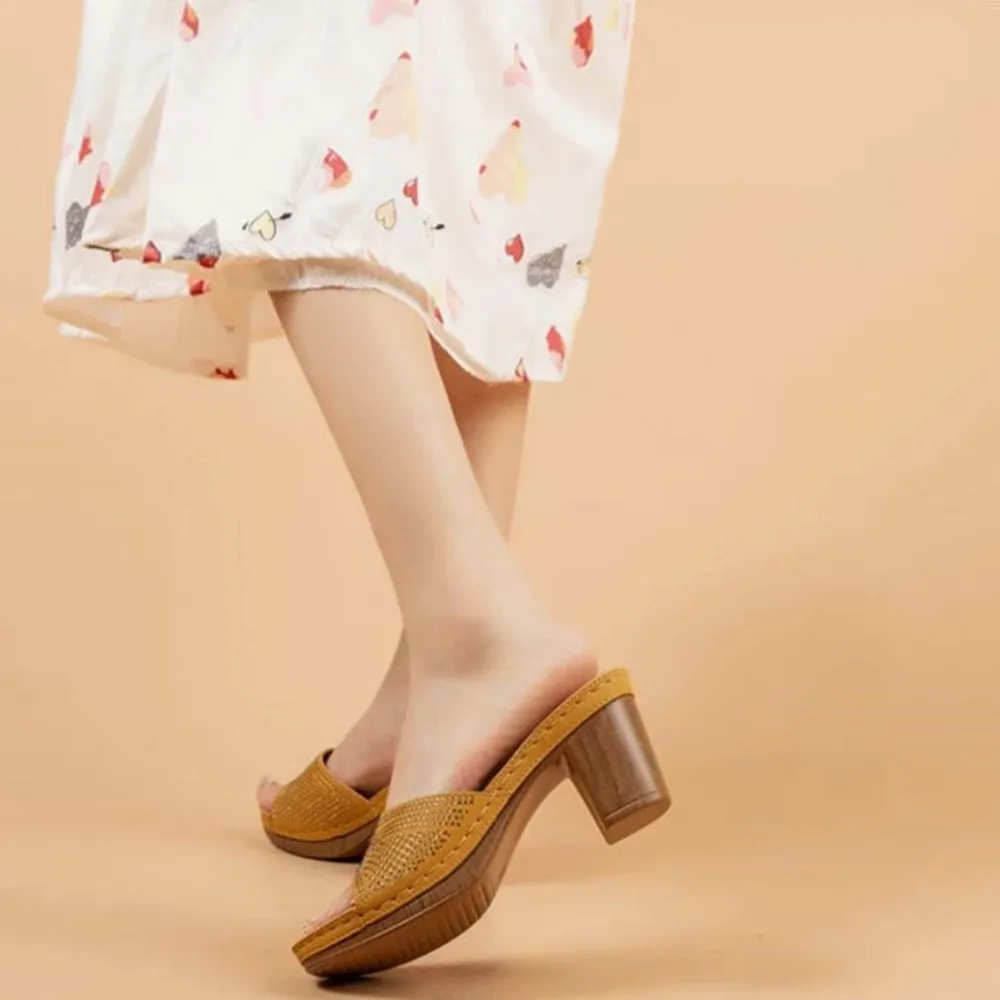 

Women Wedges Flip Flop Slipper Square Heel Peep Toe Casual Ladies Beach Slip On Mules Slides Comfortable Shoes Crystal