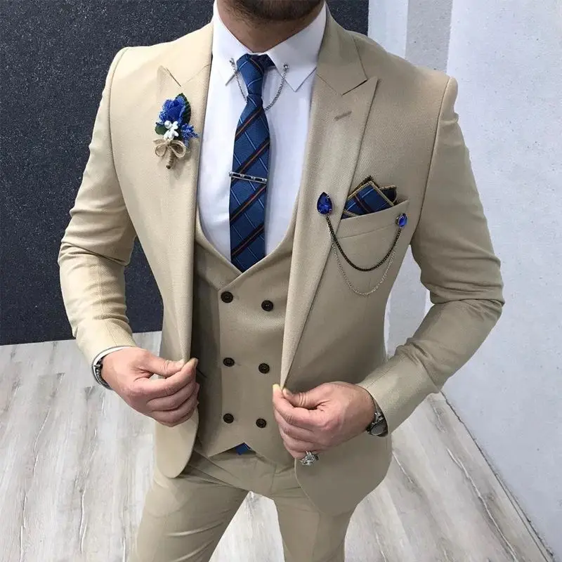 

Slim Fit Cream Men Suits 3 Piece for Wedding 2022 Mal Fashion Clothes Peaked Lapel Groom Tuxedos Male Set Jacket with Pants Vest