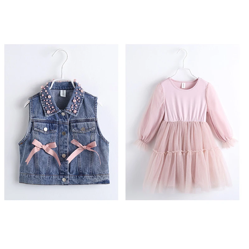 Комплект одежды для девочек джинсовый жилет с жемчугом розовое платье длинным