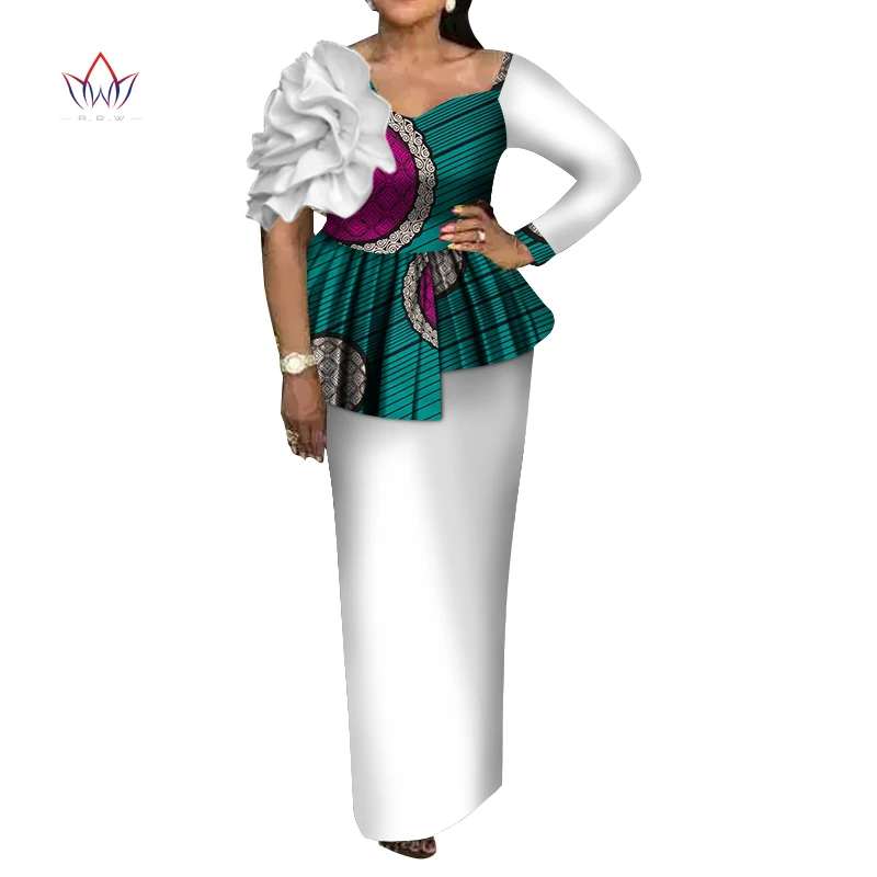 Africa Style Women African Clothing FlowersTop And Skirt Set Bazin Riche New Africa Dashiki Plus Size African Clothing WY3550