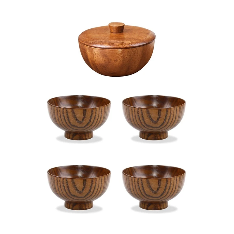 

1X Kitchen Wooden Practical Rice Bowl Seasoning Bowl & 4X Wood Bowl Japanese Style Solid Wood Bowl Serving Tableware