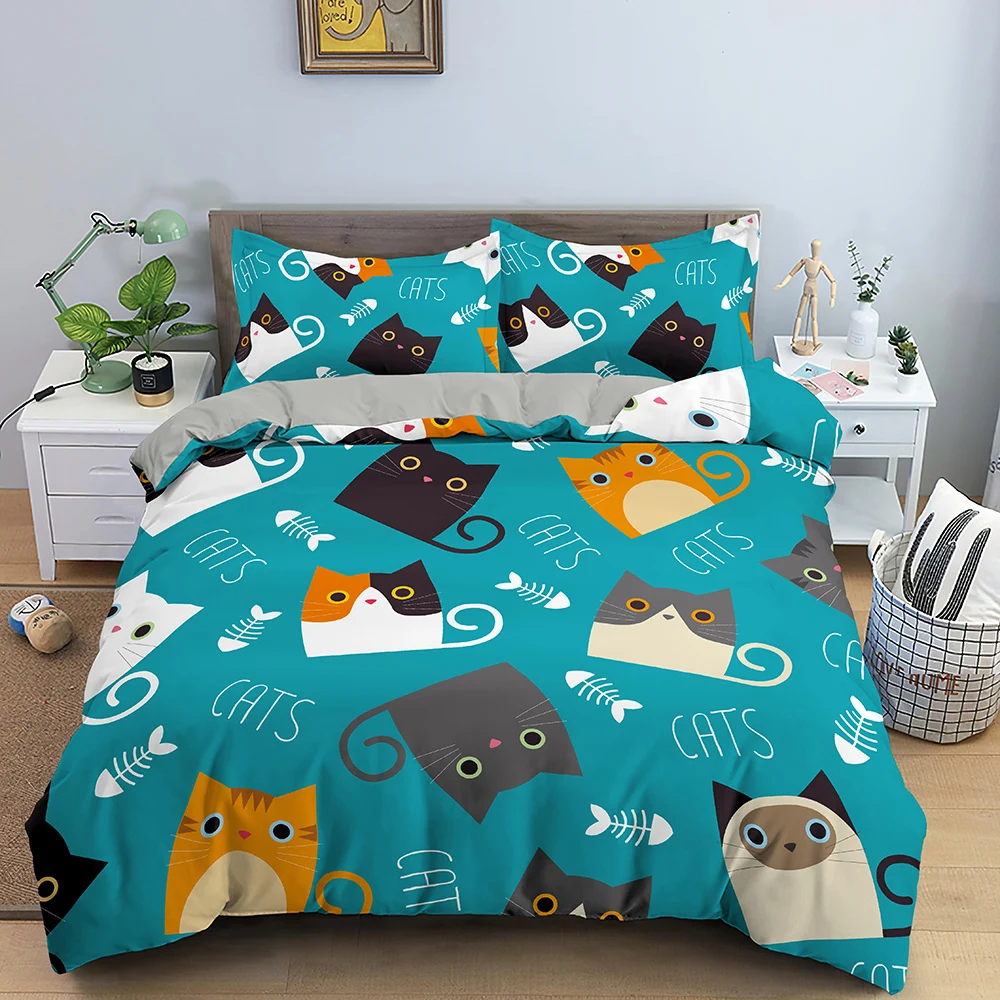 

Cat Cartoon 2/3pcs Bed Linen Set Duvet Cover Set Comforter Bedding Set Queen King Quilt Cover Pillowcase Home Decor Textile