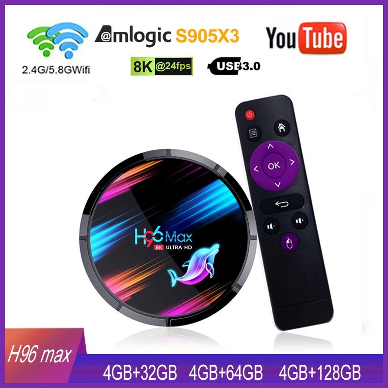 

Android 9.0H96 MAX X3 Smart TV Box 4GB 128GB Amlogic S905X3 2.4G/5G WIFI BT4.0 1000M 8K Google Media Play