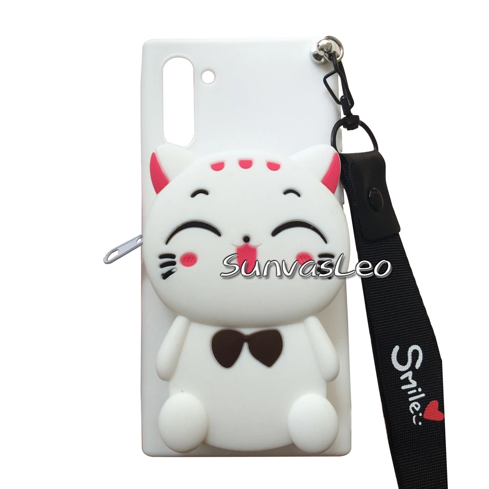 White Lucky Cat 3D кошелек для samsung Galaxy Note 10/Note 10 Plus, мягкий силиконовый чехол с изображением животных из мультфильма, чехол-кошелек, чехол для телефона с цепочкой и кабелем - Цвет: White Lucky Cat
