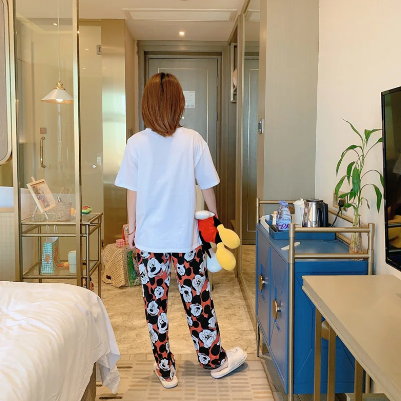 M-2XL Plus Size Disney Anime Minnie Mickey Mouse Pajamas Set Woman Summer Casual Tops and Pant Loose Soft Pijama Mujer Sleepwear