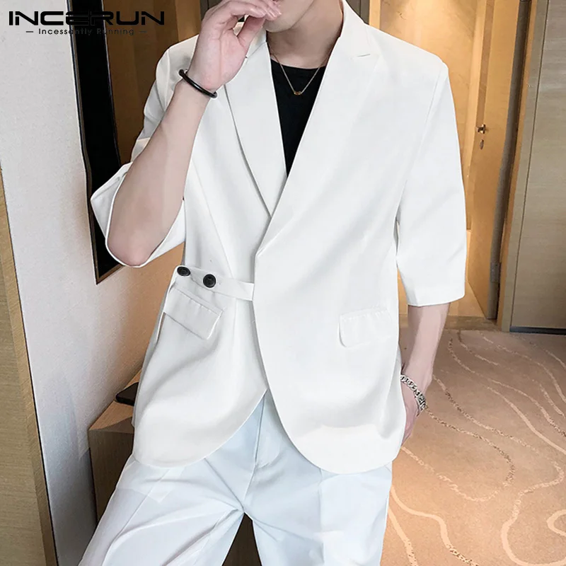 

INCERUN Fashion Men Blazer Lapel Solid Color Streetwear 3/4 Sleeve 2021 Button Casual Suits Elegant Leisure Men Thin Coats S-5XL