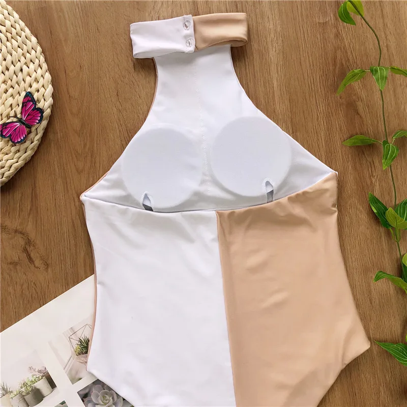 High leg bodysuits one-piece swimwear female Patchwork bikini Sexy swimsuit women summer bathers Neon high neck monokini