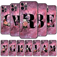 case for apple iphone 13 11 pro max 12 mini xr 7 8 plus se 2020 x xs 6 6s 5 5s black soft silicone cover letter a b flowers pink
