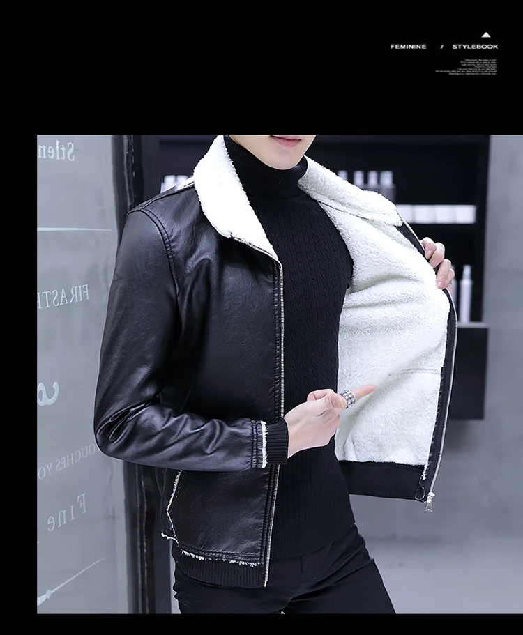 

Winter new men's Plush motorcycle leather coat new leisure Korean Trend slim fit leather jacket men's coat