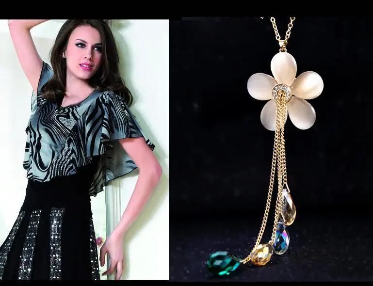 Циркониевое желтое длинное ожерелье с цветком цепочка для свитера модная