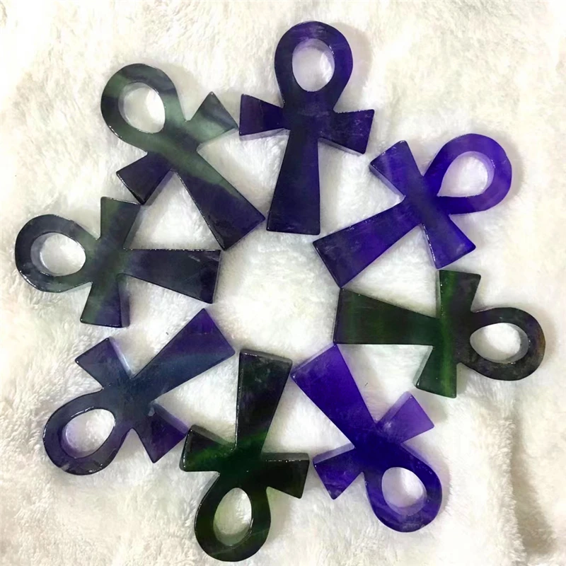 

Natural Crystal Rainbow Fluorite Anka Cross Amulet Rose Quartz Healing Mineral Gem Home Decor Key Of Life Amulet Gift