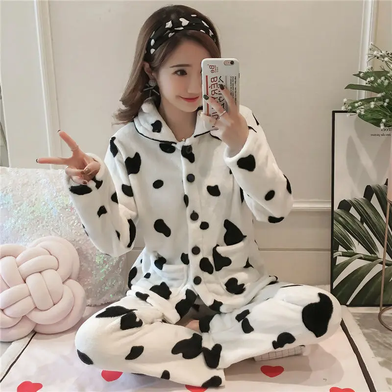 Женские пижамные комплекты осенне зимние пижамы толстые теплые женские милые с