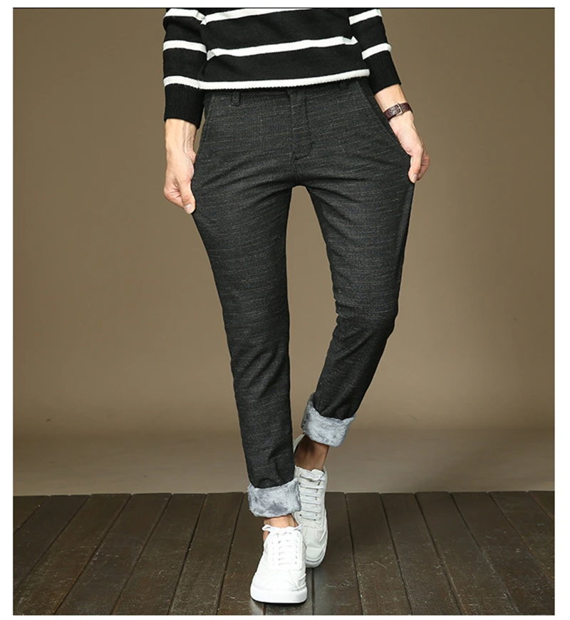 Mens Winter Fleece Warm Pants Men Korean Casual Slacks Slim Warm Thick Pants for Men Fashion Black Gray Blue Trousers Male,688