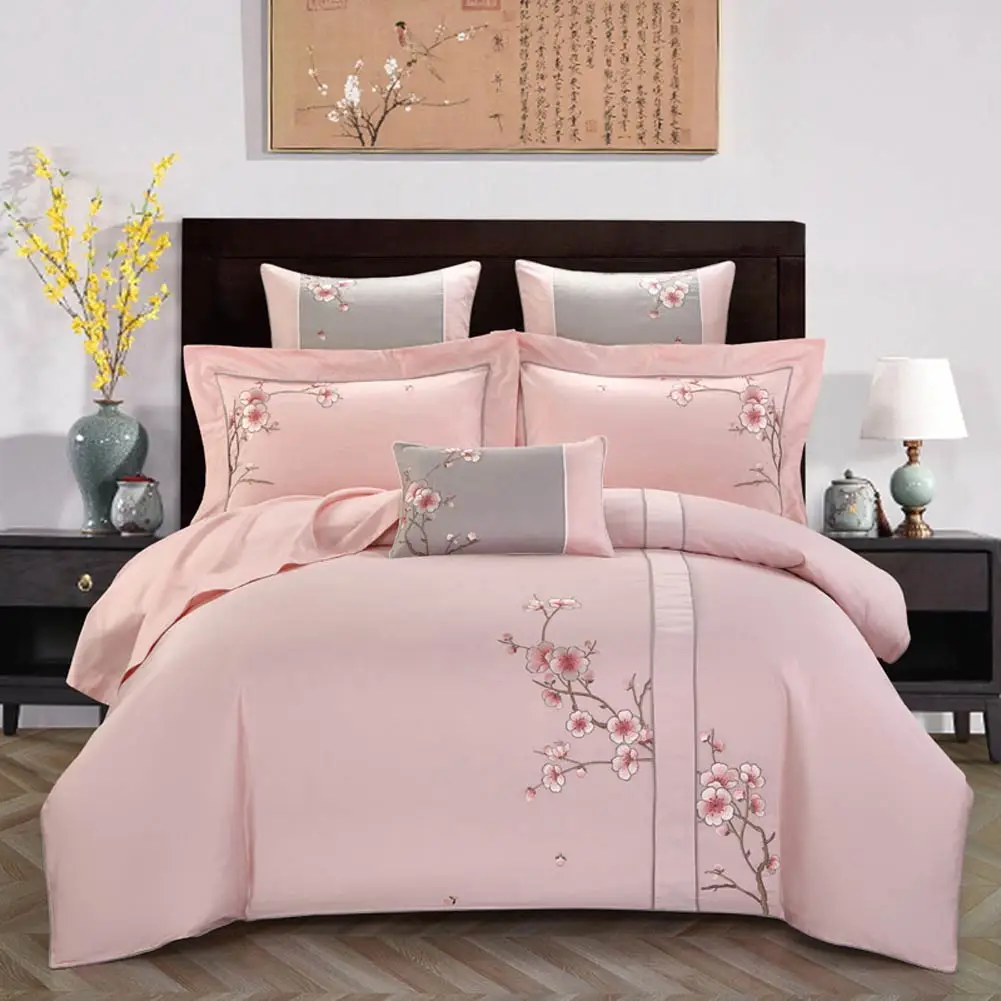 

Papa&Mima Embroidered Cotton Bedding Set Queen King Full Double Size Linens (Flat Fitted Sheet Pillowcase Quilt Cover)