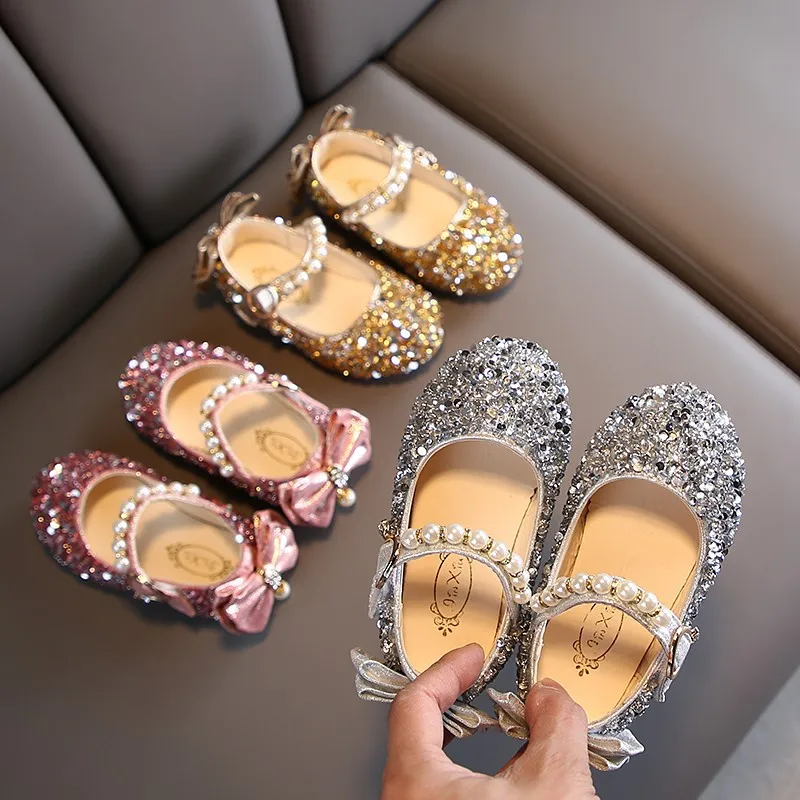

Fashion Sequins Bow Elegant Princess Leather Shoes Girl Shoes Kids Doll Shoes Baby Girl Children's Flat Dress Dance Party Shoes