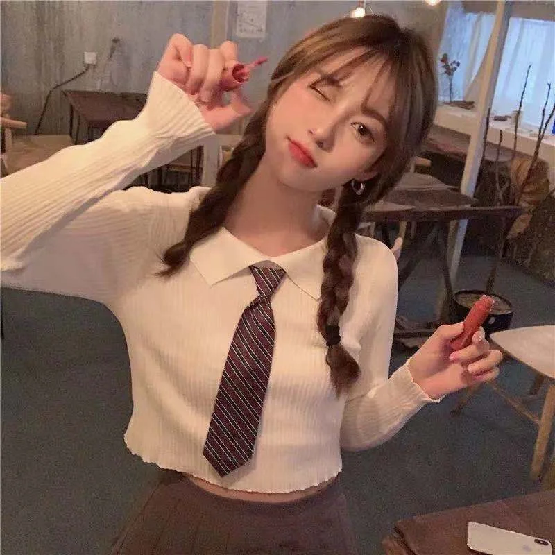 Camiseta de manga larga con cuello de polo retro para mujer, suéter de punto de seda de hielo, top de Camisa ajustada delgada exterior, estilo de Hong Kong, otoño 2021