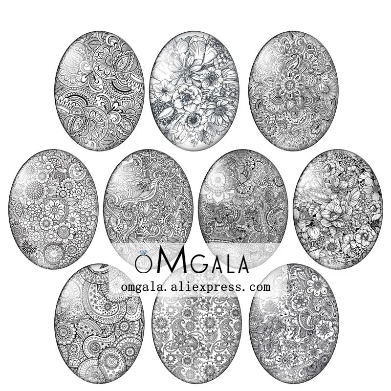 

White Black Paisley Flowers Patterns 10pcs 13x18mm/18x25mm/30x40mm Oval photo glass cabochon demo flat back Making findings