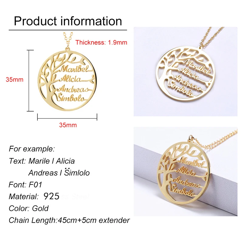 Ожерелье из серебра 925 пробы с изображением семейного дерева|Индивидуальные