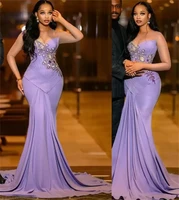 designer purple evening dresses sheer neck mermaid beaded crystals sweep train prom party gown robe de soriee custom made