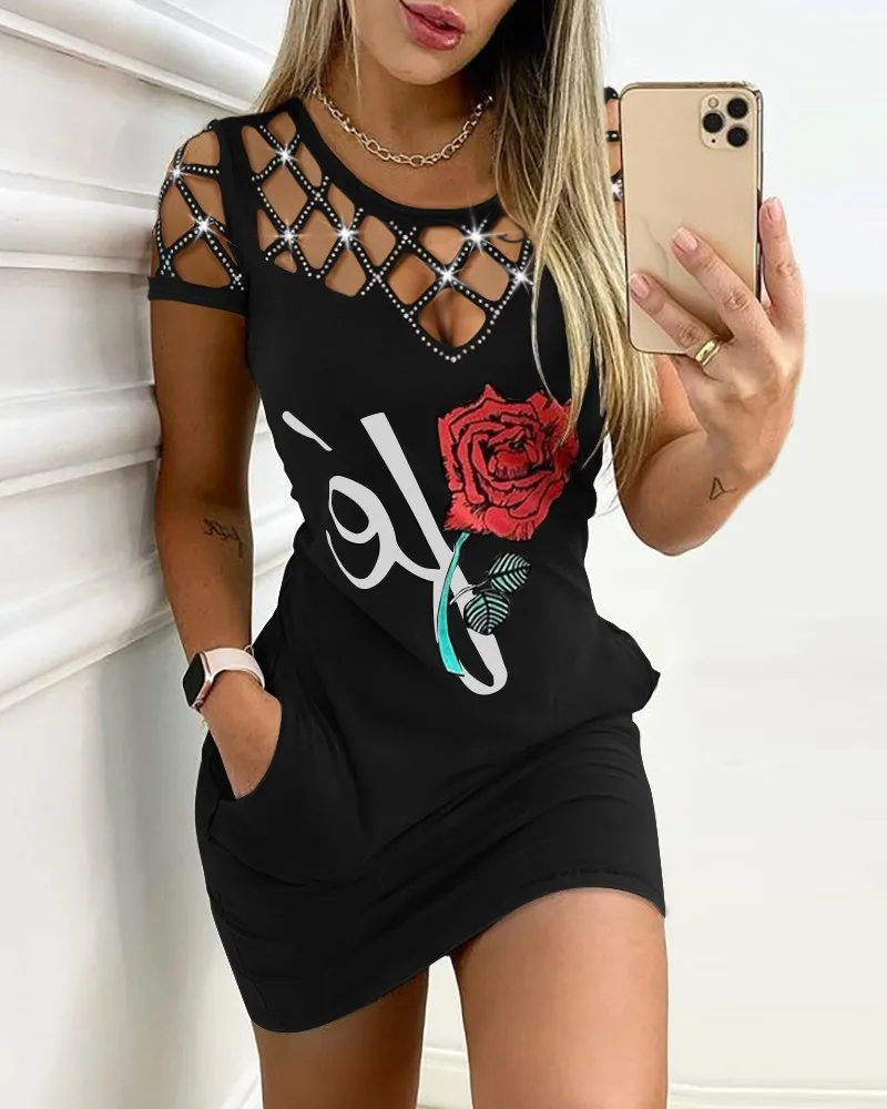 

Sexy Round Neck Hollowed Out Dress 2022 Women's Fashion Casual Mini Dress Ladies Cosy T-shirt Dress Rose Printted Black Dresses