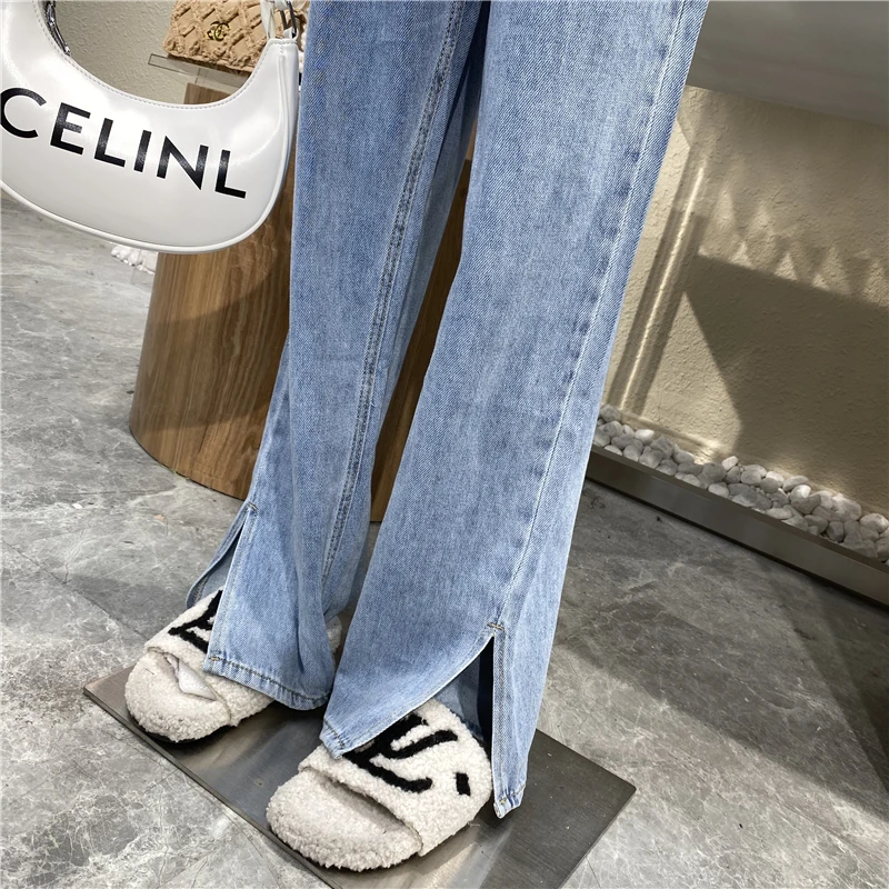 

2021 new Niche Design Irregular High Waist Straight Tube Jeans Female Show Tall Show Thin Joker Leisure Slit Floor Trousers