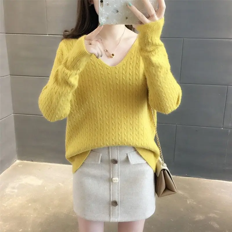 

Knitted Pullover Sweater Women's 2020 Spring Autumn Casual V-Neck Sweaters Warm Jumper Pink Yellow Loose Cashmere Top Female