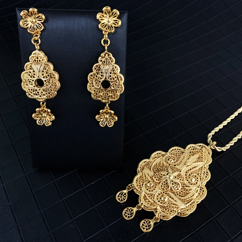 

Elegant Algeria Wedding Jewelry Sets Women Earring Necklace Arab Gold Color Ethnic Bridal Jewelry Bijoux Necklace Set