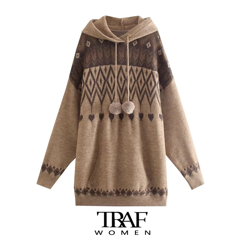 

TRAF Women Fashion Front Pocket Oversized Jacquard Knit Sweater Vintage Hooded With Drawstring Female Pullovers Chic Hoodie