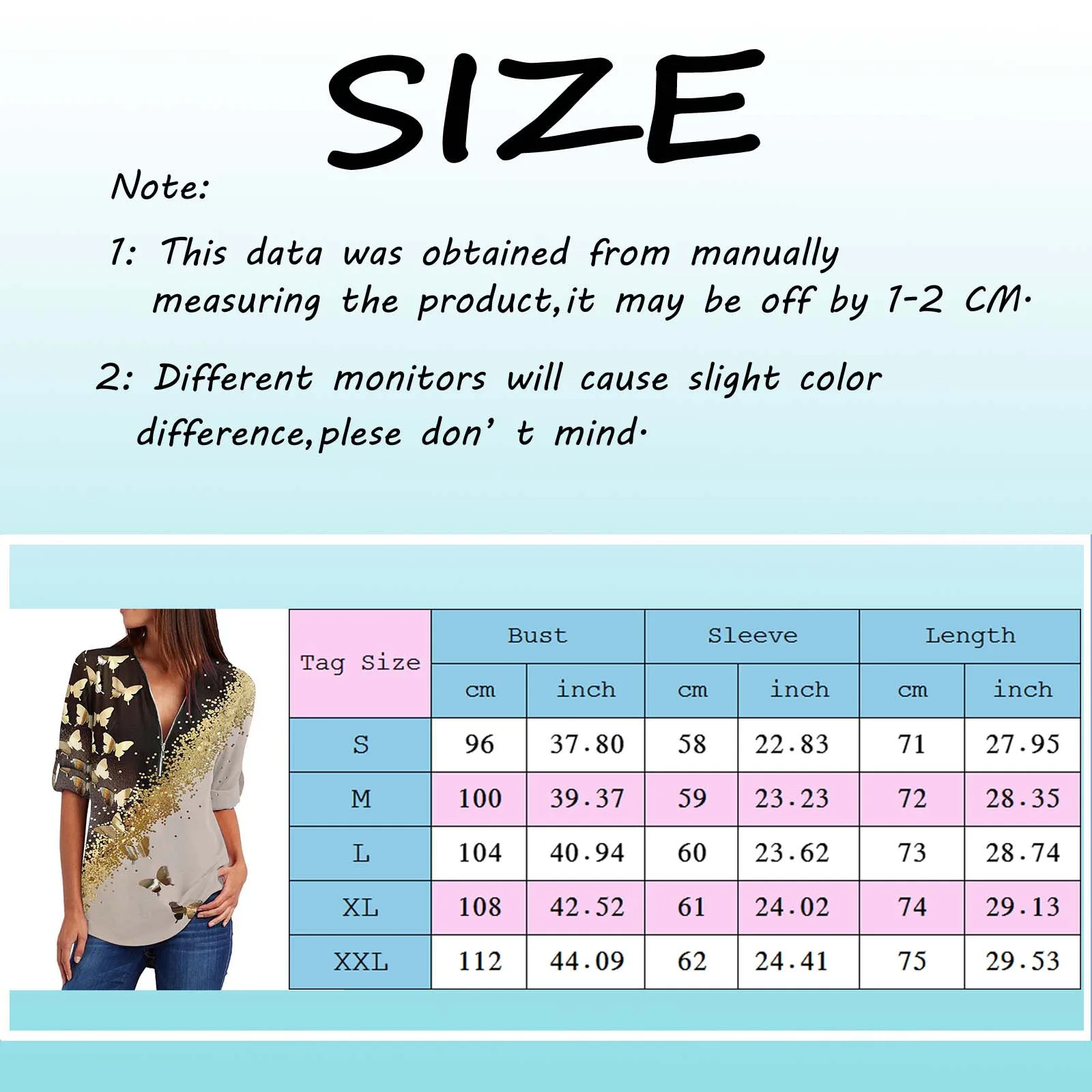 

Women's T Shirt Casual Long Sleeve Turn-down Collar Butterfly Print Pleated Zip Up Shirts Female Tee T-shirt topswomen2021