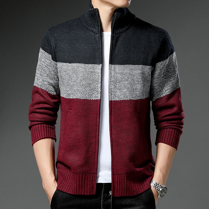 Casual Jacket Men's Loose Coat Autumn and Winter New Fleece Warm Baseball Striped Y2K wool Sweater Zipper Knit Cardigan