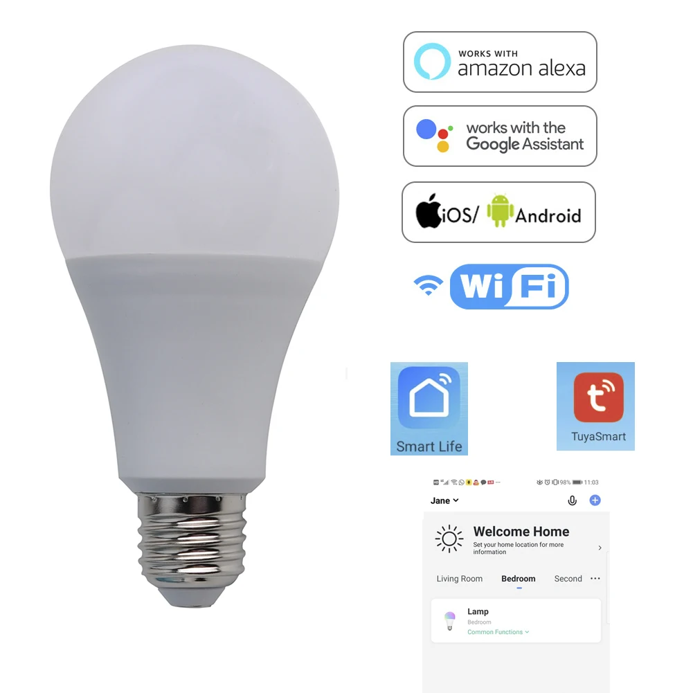 Умная лампа RGB с Wi-Fi голосовым управлением работает Tuya Smart Life Alexa Google IFTTT E27 RGBW 90-250 В 2