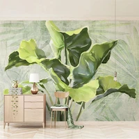 european style retro green leaf mural wallpaper 3d hand painted plant oil painting background wall decor living room tv frescoes