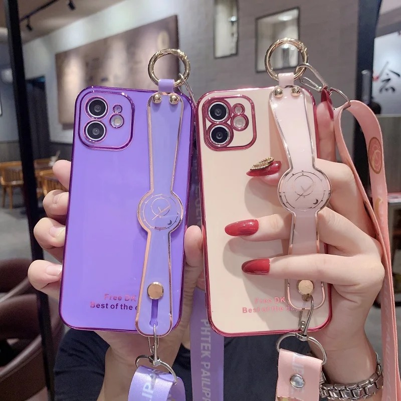

Luxury 6D Electroplate Plated Fashion Phone Case For Xiaomi Poco F3 Redmi K40 11X Pro Plus TPU Wristband Lanyard Phone Cover