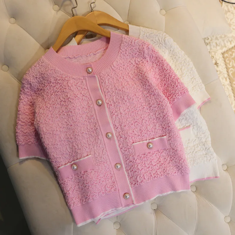 

2022 New Summer O Neck Short Sleeve Knit Cardgain Sweet Pearl Buttons Pink Women Tops