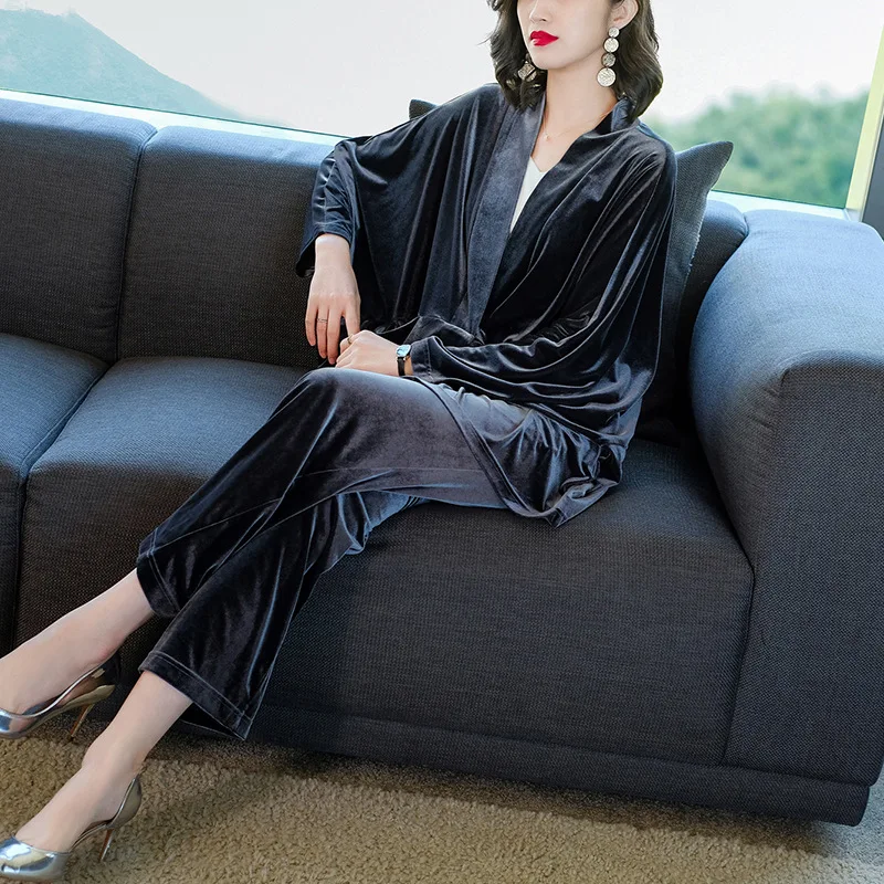 

Female new autumn and spring korean style temperament slim western fashion wide leg pants loose golden velvet two-piece suit