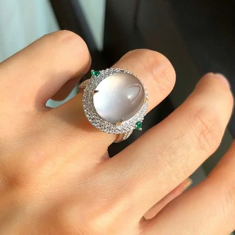 

Original design natural chalcedony full diamond oval egg round luxury opening adjustable ring elegant charm women's jewelry