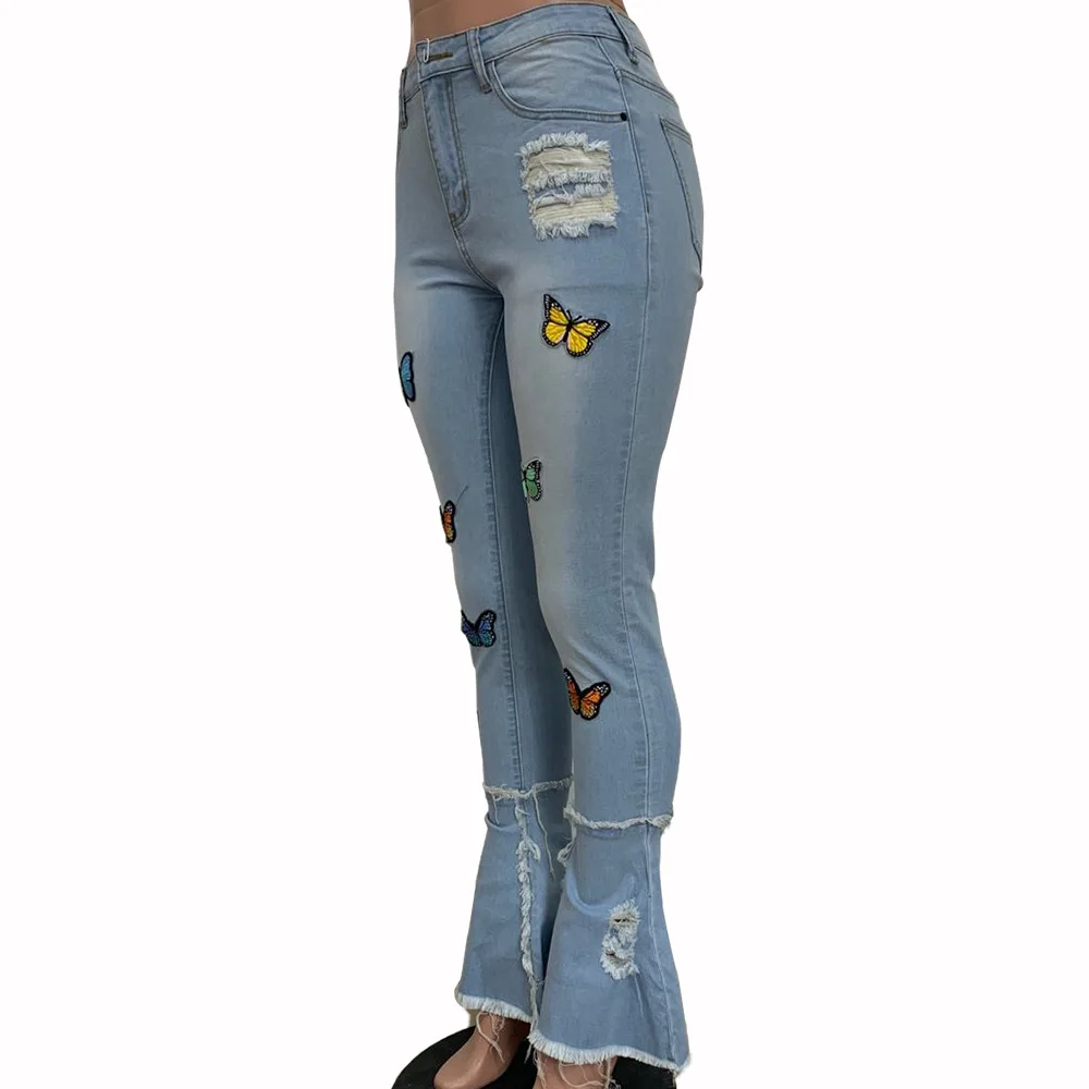 

Hole Tassel Jeans For Women Butterfly Print 2020 Slim High Waist Women Pants Female Denim Flared Pants Blue Trousers