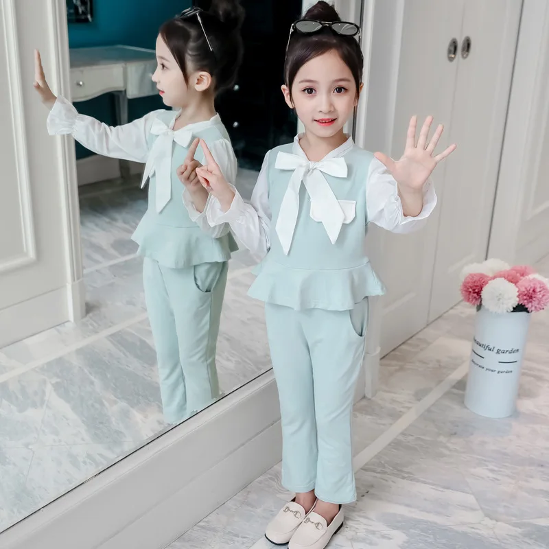 

CA Spring Children Suits Outfit Clothing Sets Princess Western Style SuitBowknot Girls Fake Two-Piece Top+Solid Trousers 2Pcs