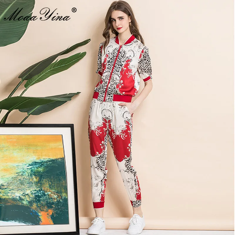 

MoaaYina Fashion Runway Designer Summer Slim Leopard Print Sets Women's Short sleeve Jacket Tops and Pant 2 Two Pieces Suit
