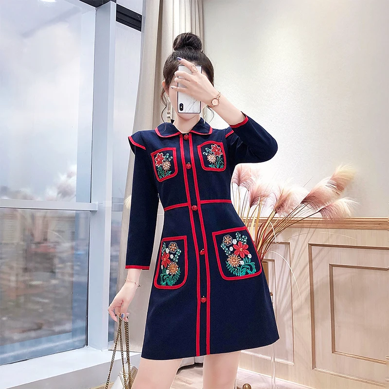 

2021 Fashion woman dress Slim Embroidereddress Retro Skirt dresses for women with pocket